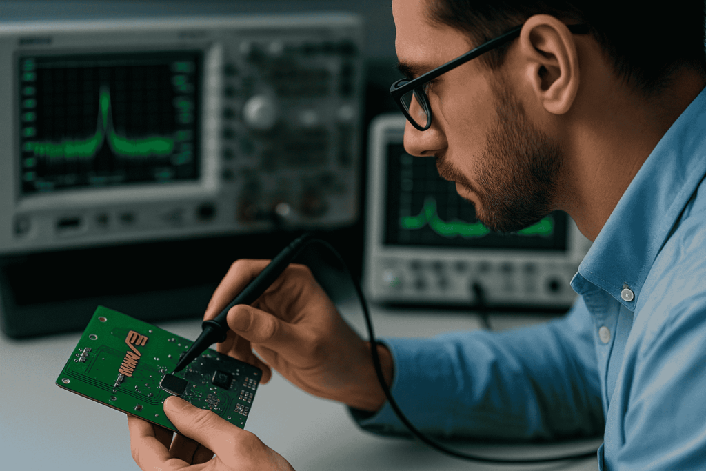Electronics engineer testing an RF PCB with oscilloscope probe and spectrum analyzer in the background