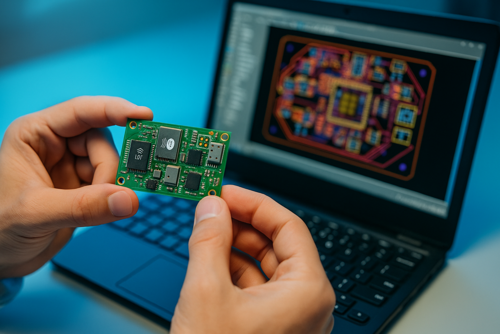 Electronics engineer holding a small green IoT PCB with Bluetooth and sensor modules next to a laptop displaying the PCB layout in CAD software.