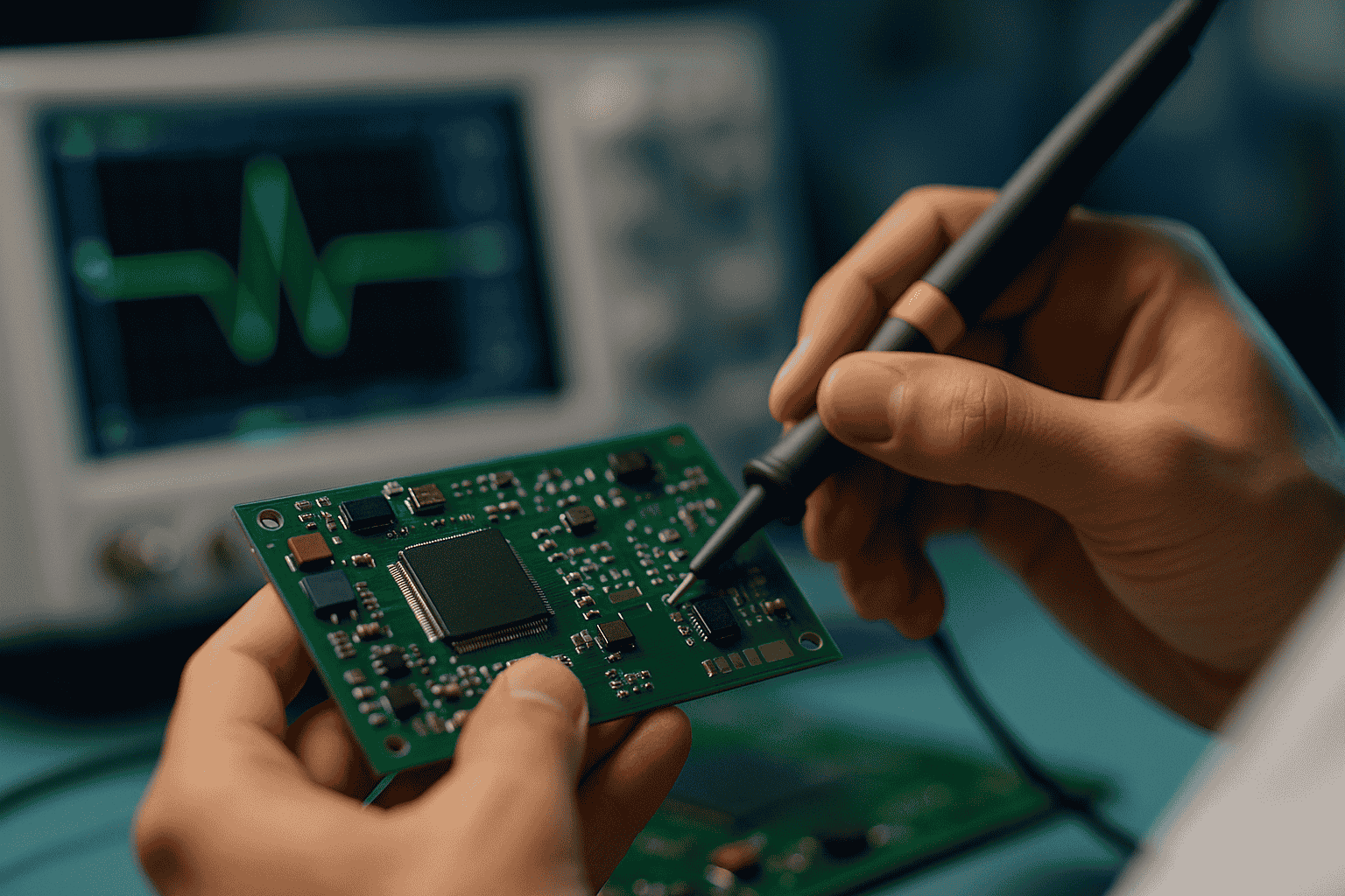 Engineer examining medical imaging sensor PCB