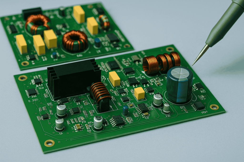 Close-up of power electronics PCB with inductors, capacitors, and soldering iron tip in view