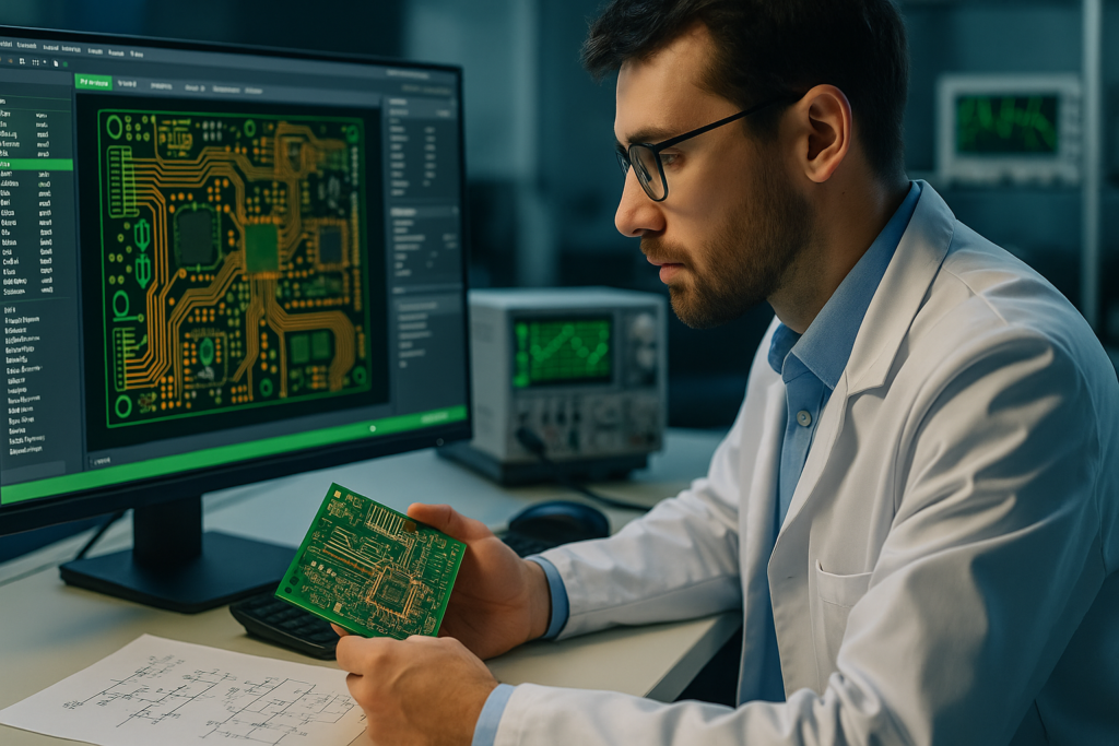 “Electronics engineer in a lab inspecting a multi-layer PCB with a PCB layout displayed on a monitor and schematic calculations on paper”