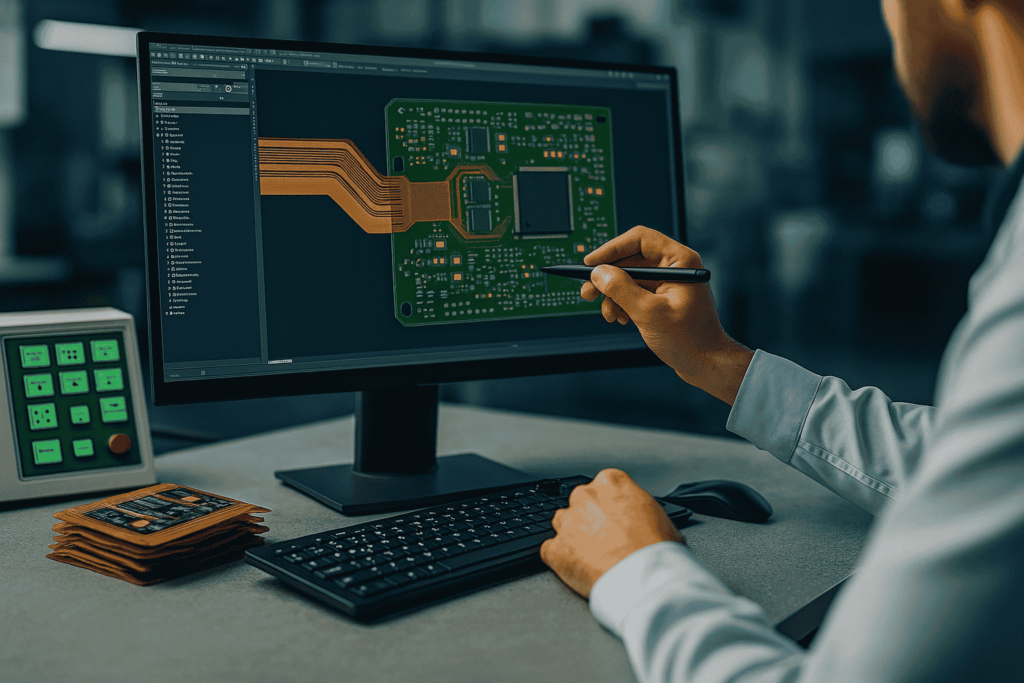Engineer reviewing rigid-flex PCB layout on CAD software with flexible board stack in background