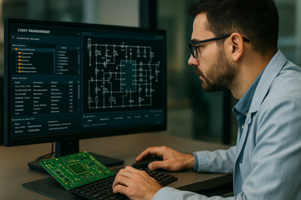 Electronics engineer managing schematic symbols and PCB footprint library in Altium Designer software.